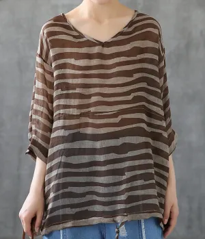 Striped Summer Women Casual Blouse Cotton  Linen Shirts Tops DZA2007191