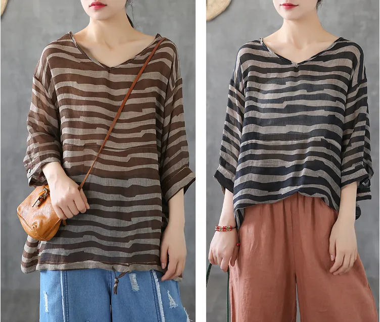 Striped Summer Women Casual Blouse Cotton  Linen Shirts Tops DZA2007191