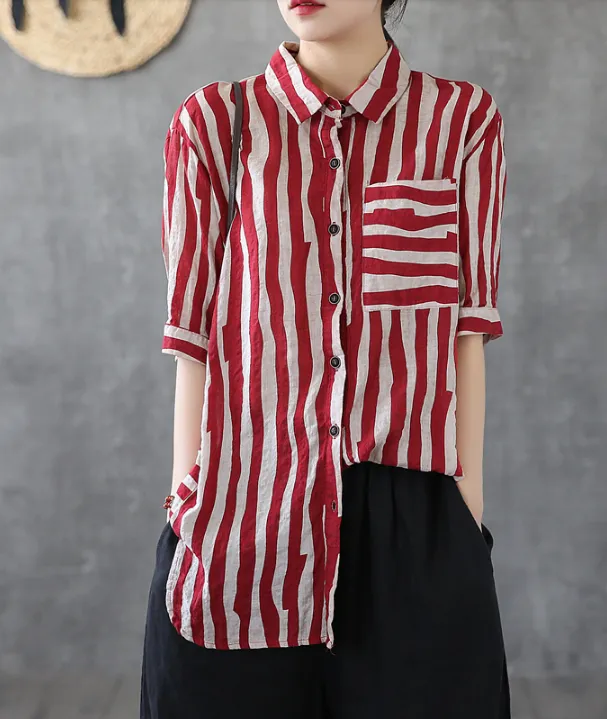 Striped Summer Women Casual Blouse Cotton  Linen Shirts Tops DZA2007192