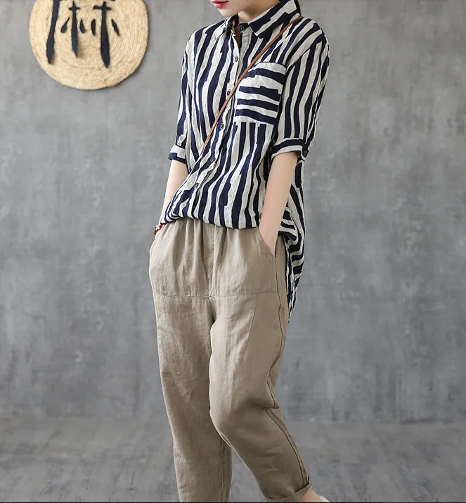 Striped Summer Women Casual Blouse Cotton  Linen Shirts Tops DZA2007192