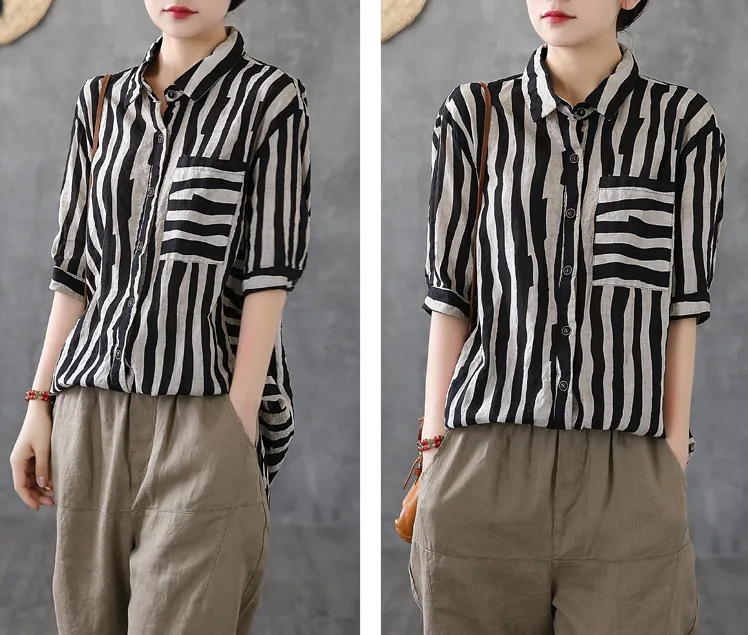 Striped Summer Women Casual Blouse Cotton  Linen Shirts Tops DZA2007192