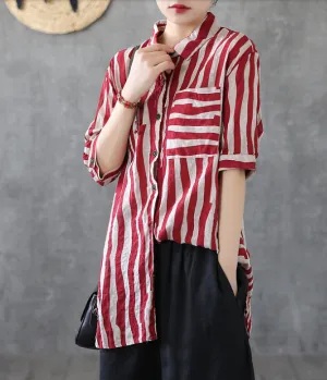 Striped Summer Women Casual Blouse Cotton  Linen Shirts Tops DZA2007192