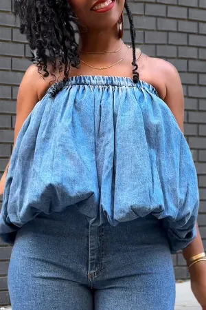 Summer Elastic Band Balloon Hem Denim Tube Top