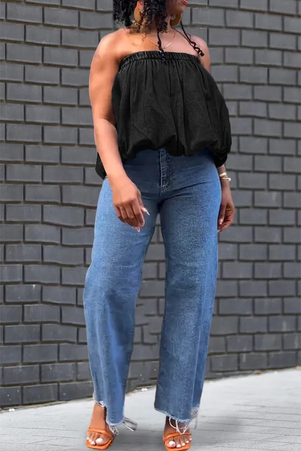 Summer Elastic Band Balloon Hem Denim Tube Top