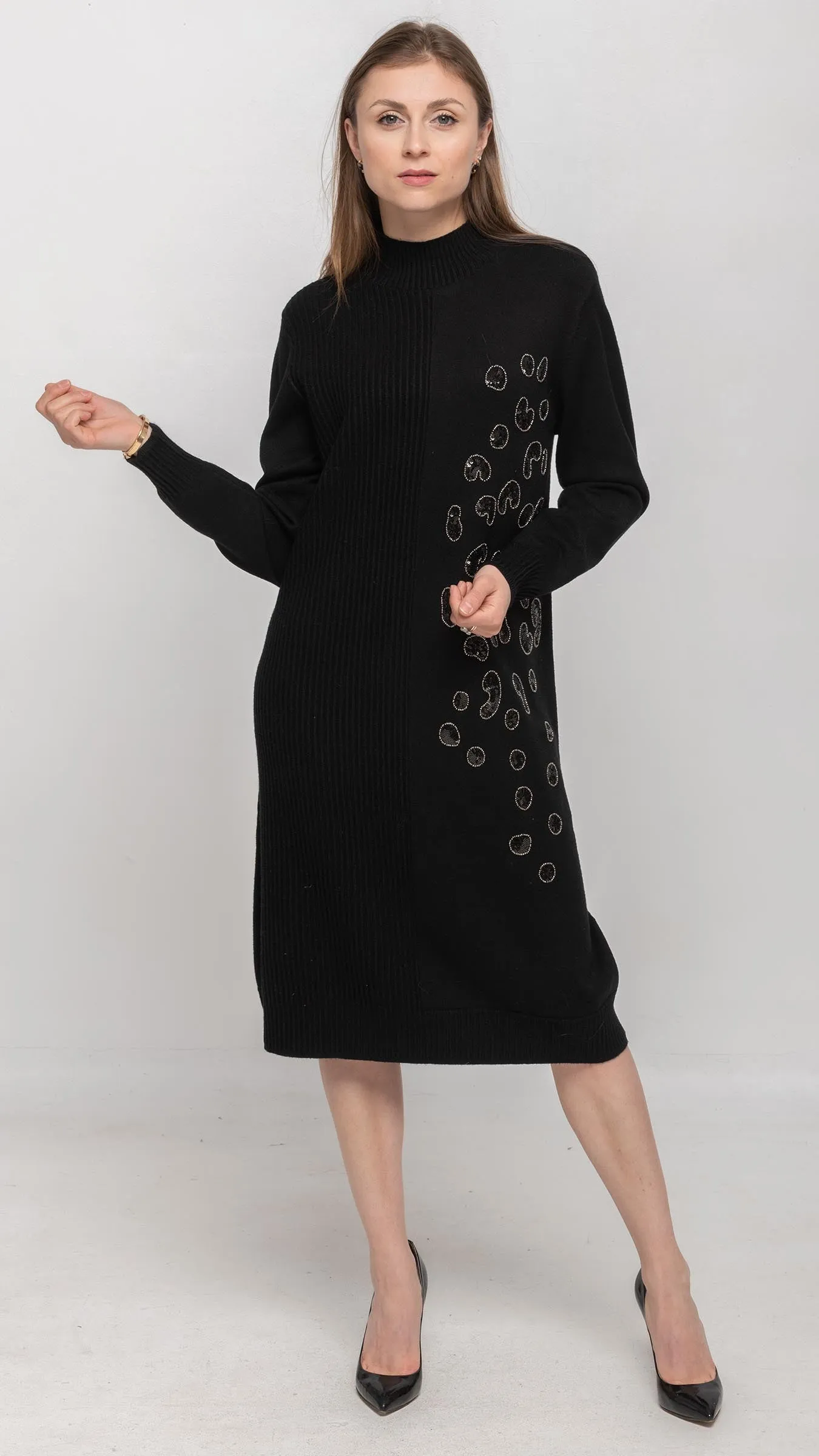 Sweater Dress with Sequin on Front in Black