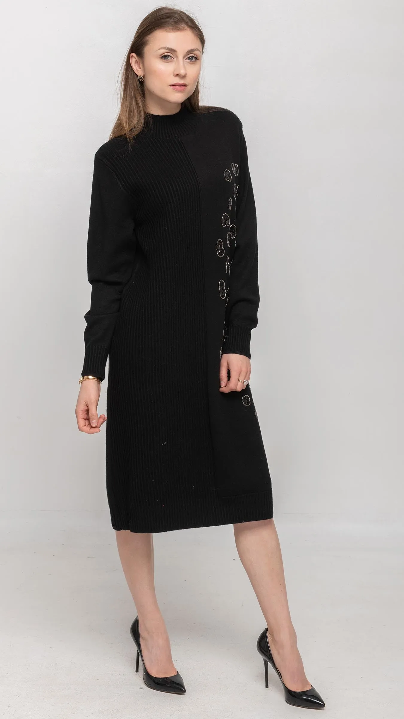 Sweater Dress with Sequin on Front in Black