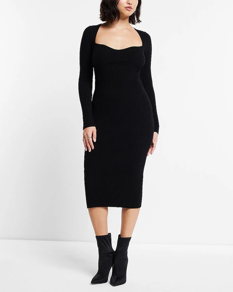 Sweetheart Neckline Ribbed Midi Sweater Dress in Pitch Black