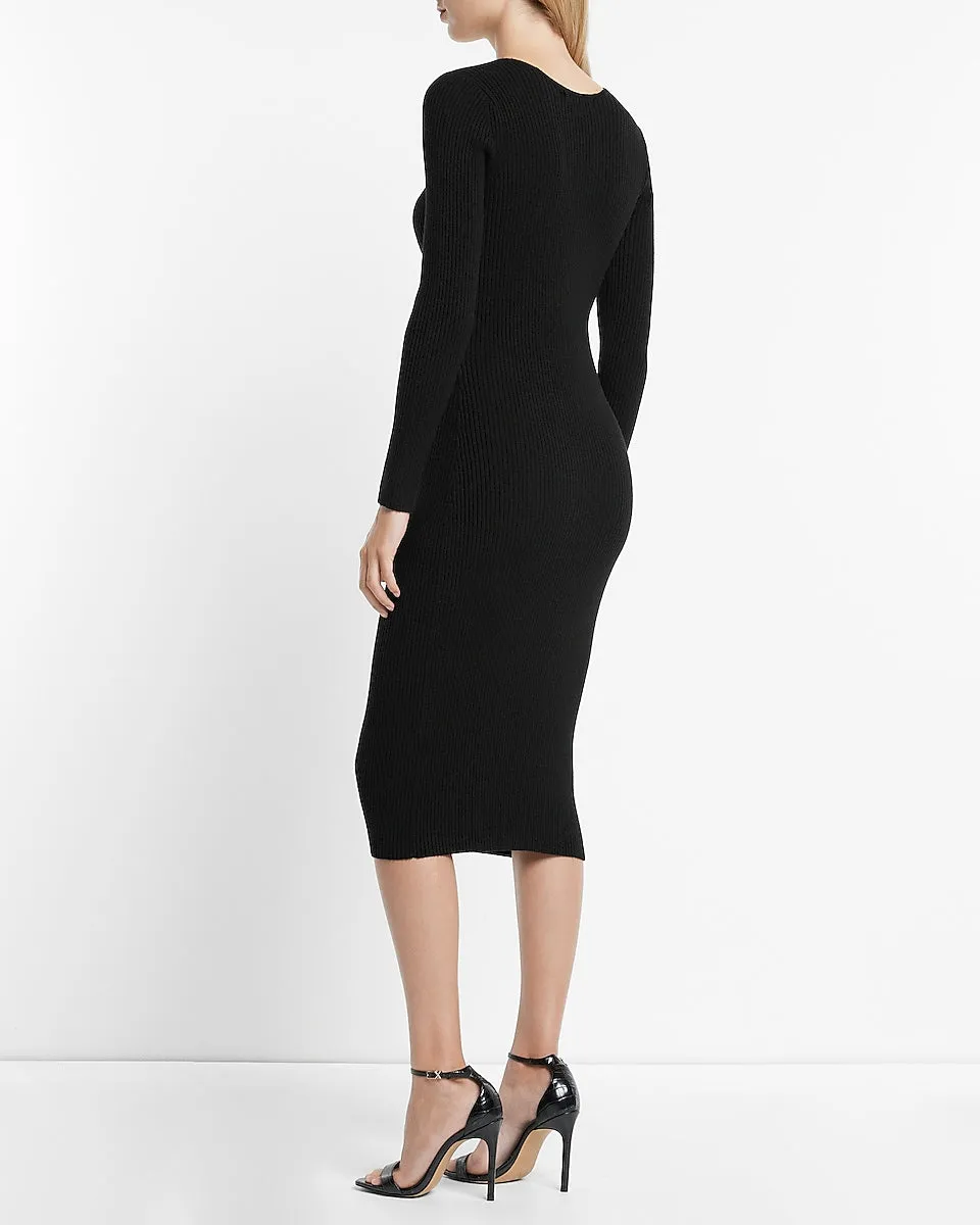 Sweetheart Neckline Ribbed Midi Sweater Dress in Pitch Black