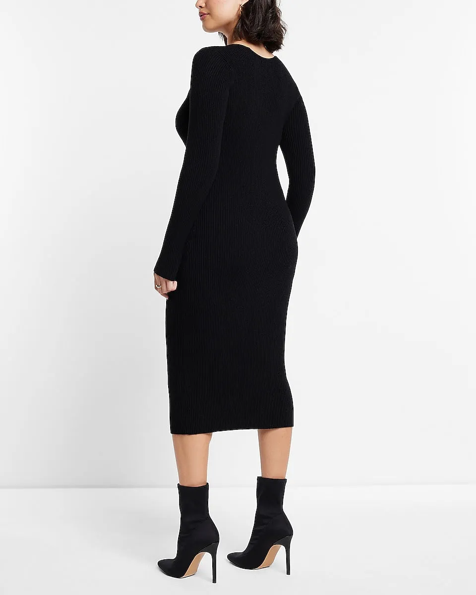 Sweetheart Neckline Ribbed Midi Sweater Dress in Pitch Black