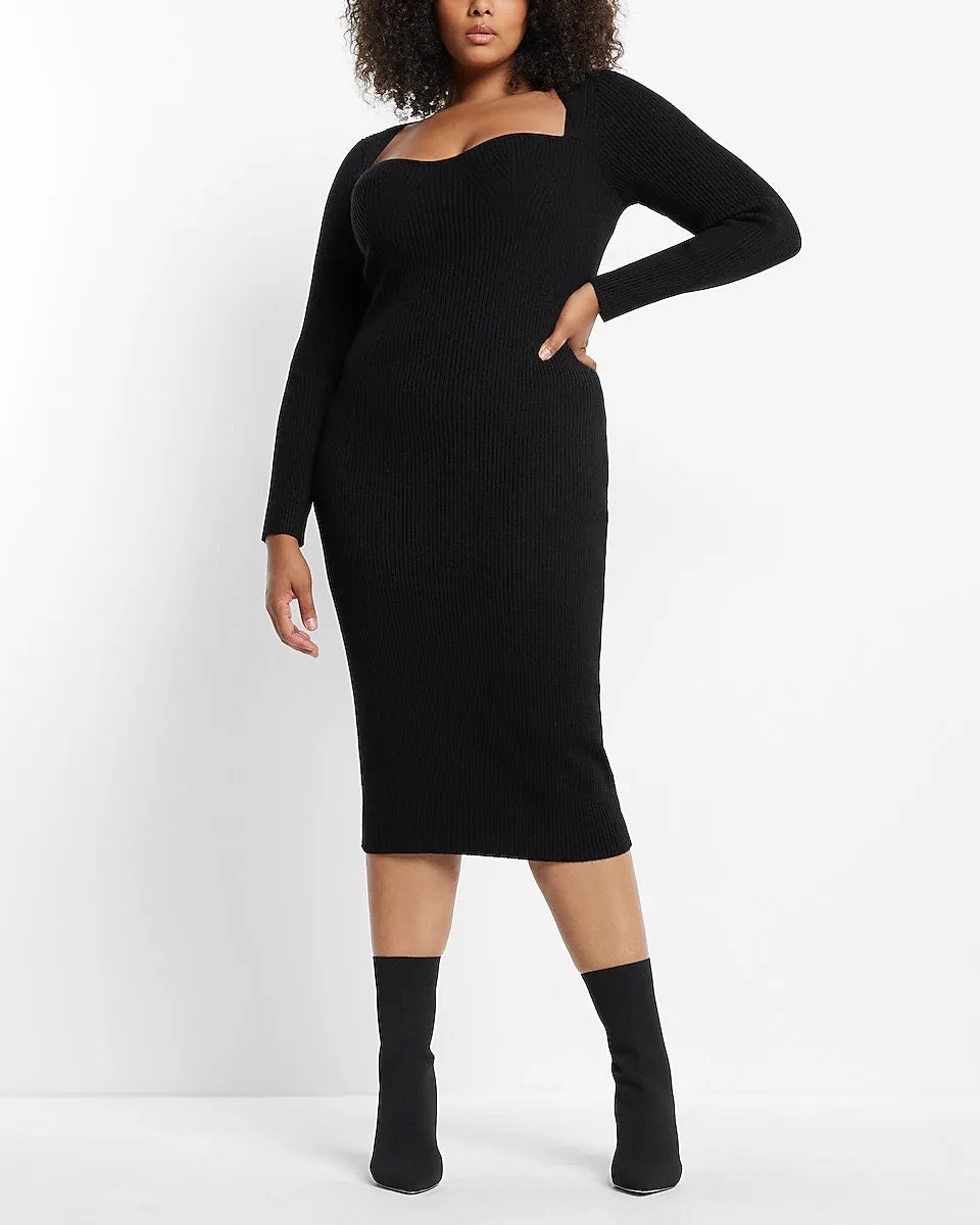 Sweetheart Neckline Ribbed Midi Sweater Dress in Pitch Black