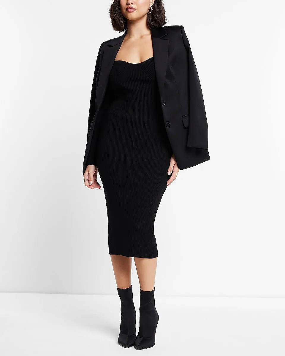 Sweetheart Neckline Ribbed Midi Sweater Dress in Pitch Black