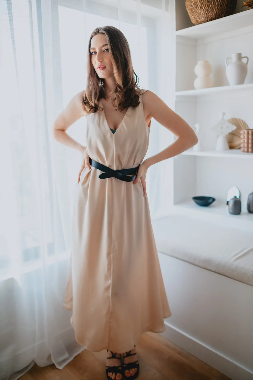 The Cassidy Belted Slip Dress - Champagne