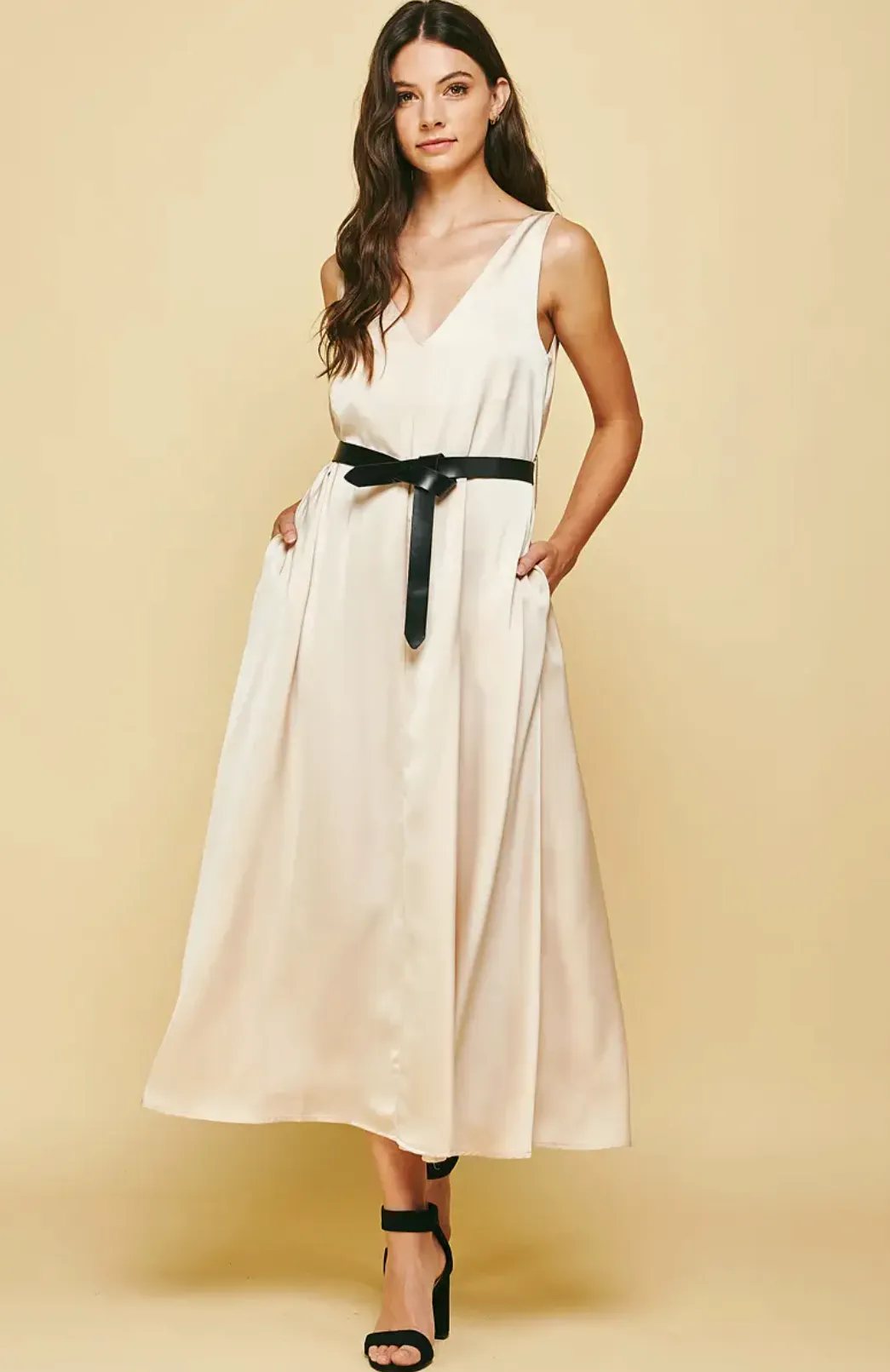 The Cassidy Belted Slip Dress - Champagne