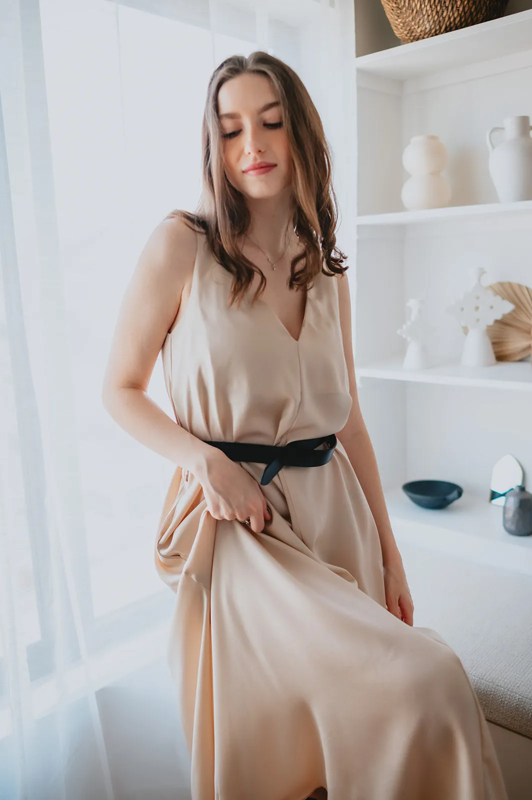 The Cassidy Belted Slip Dress - Champagne