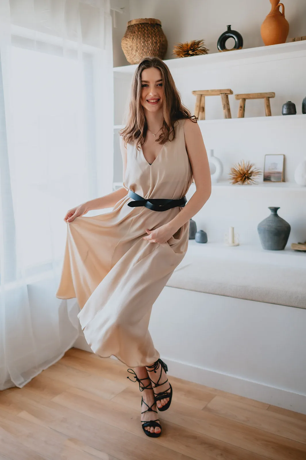 The Cassidy Belted Slip Dress - Champagne