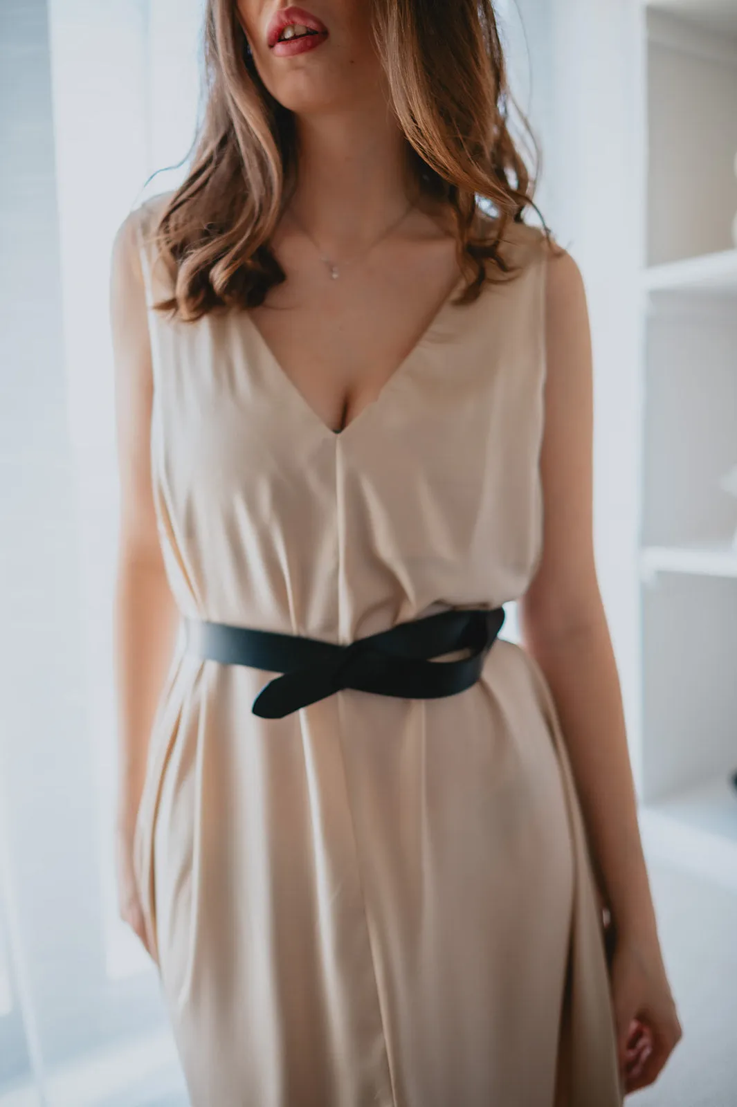 The Cassidy Belted Slip Dress - Champagne