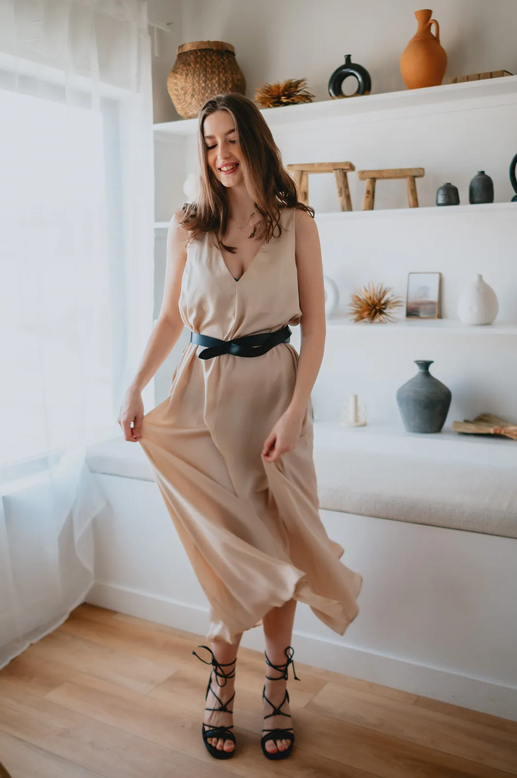 The Cassidy Belted Slip Dress - Champagne