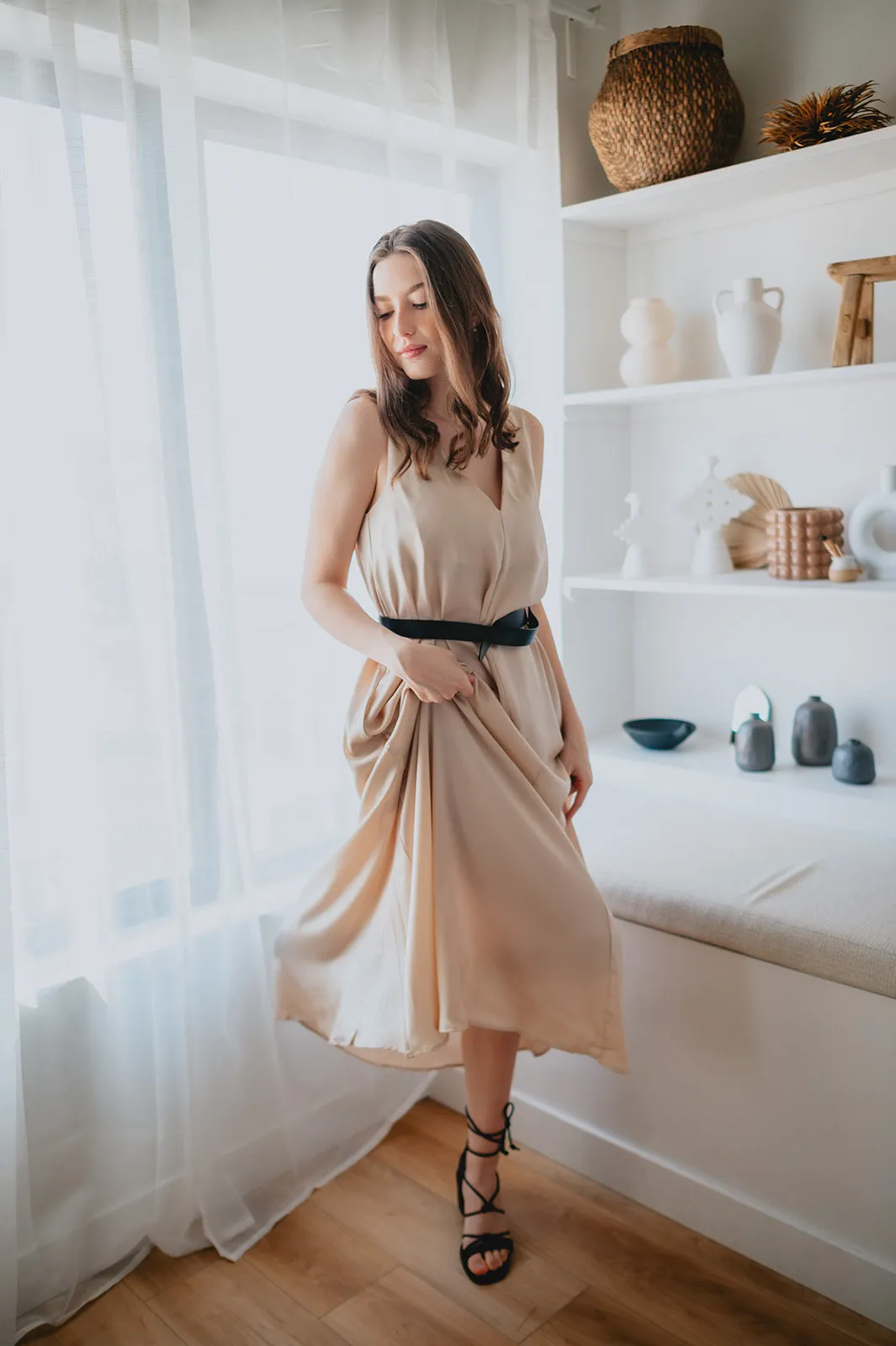 The Cassidy Belted Slip Dress - Champagne