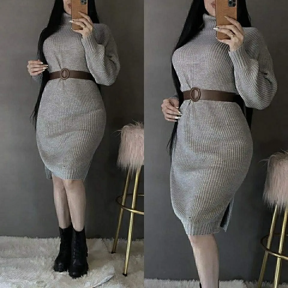 Turkish Knitted Semi-Wool Elastic Dress with Belt