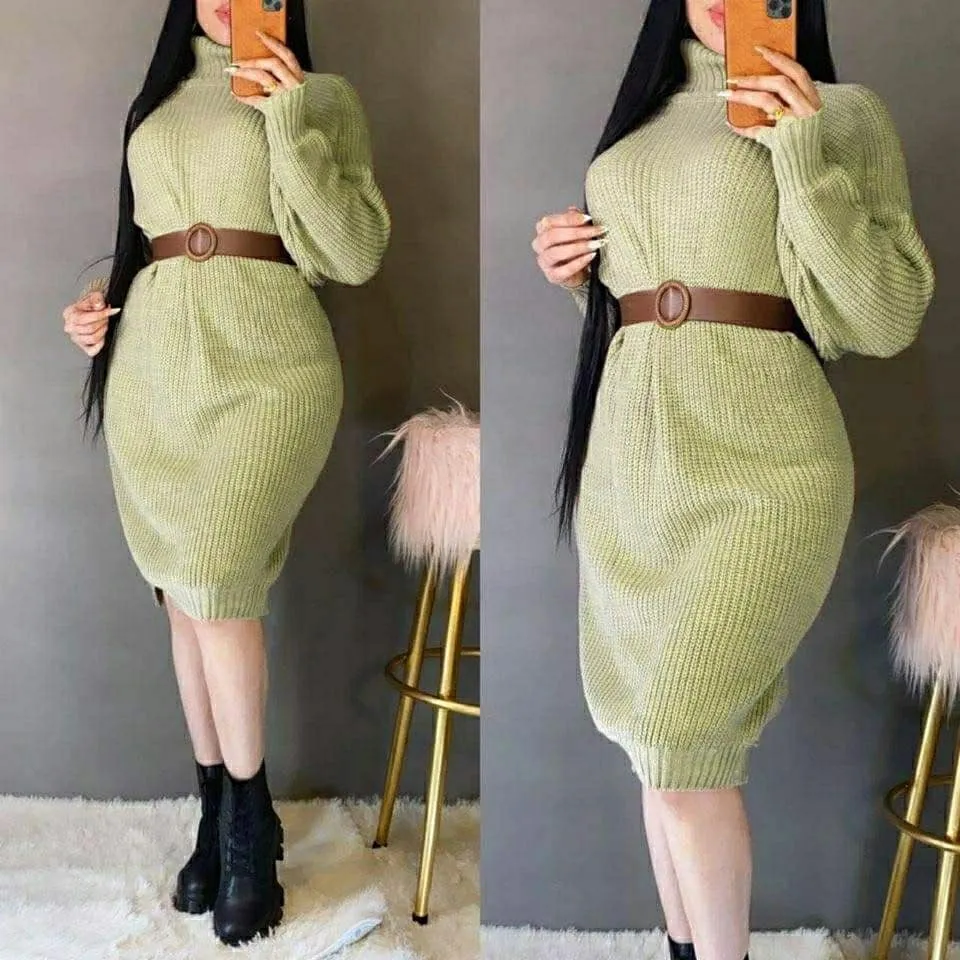 Turkish Knitted Semi-Wool Elastic Dress with Belt