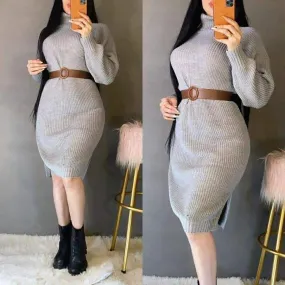 Turkish Knitted Semi-Wool Elastic Dress with Belt