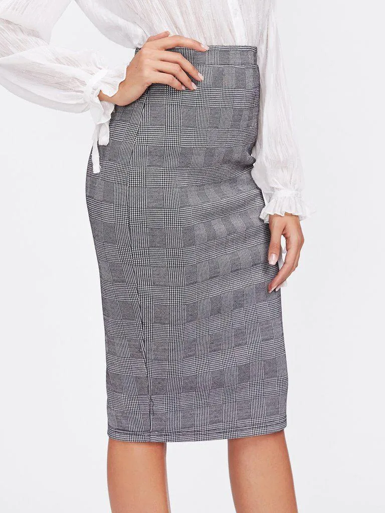 Vented Back Plaid Pencil Skirt