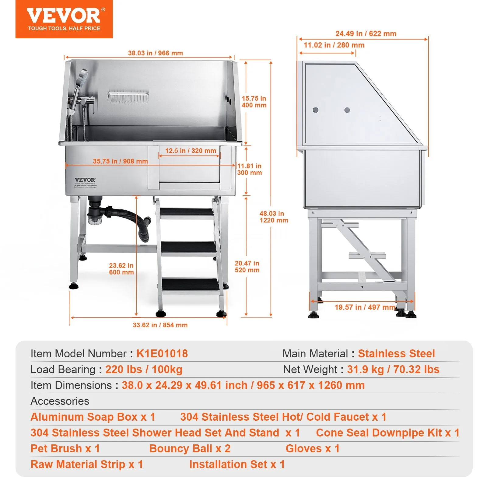 Vevor 38" Dog Grooming Tub Stainless Steel 220 Lbs. Capacity with Right Door and Stairs New