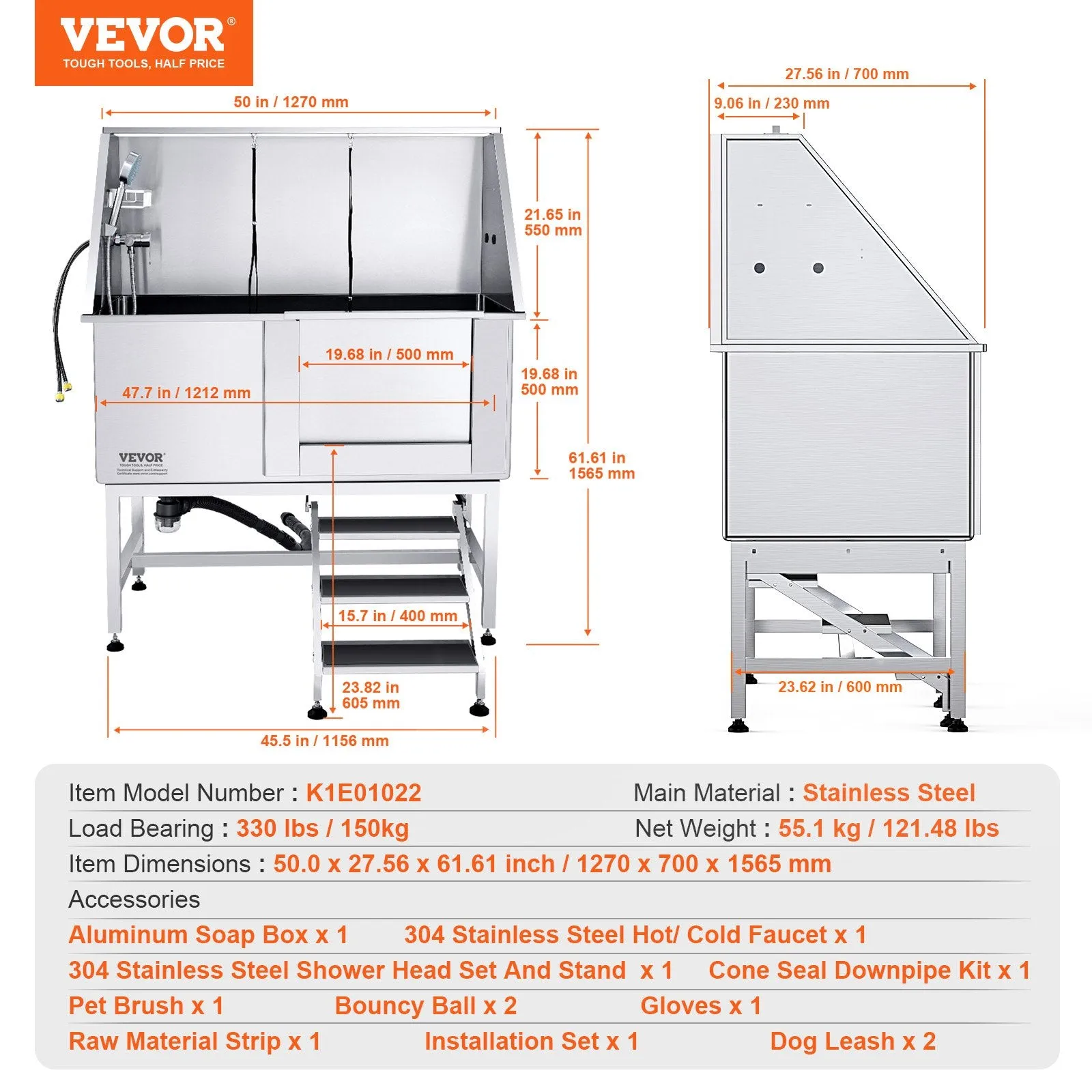 Vevor 50" Dog Grooming Tub Stainless Steel 330 Lbs. Capacity with Right Door and Stairs New