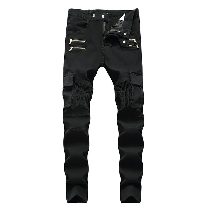 Wiaofellas  -  Hipster Men's Pleated Stretch Small Feet Casual Pants High Street Multi-pocket Zipper Men's Slim-fit Cargo Pants