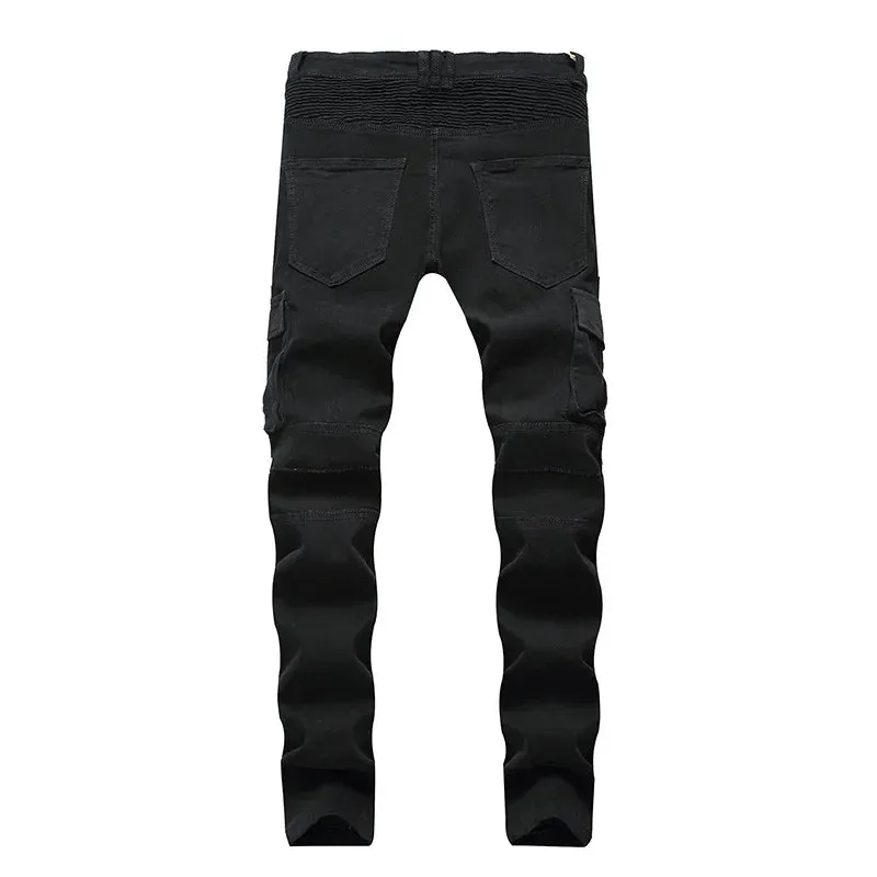 Wiaofellas  -  Hipster Men's Pleated Stretch Small Feet Casual Pants High Street Multi-pocket Zipper Men's Slim-fit Cargo Pants