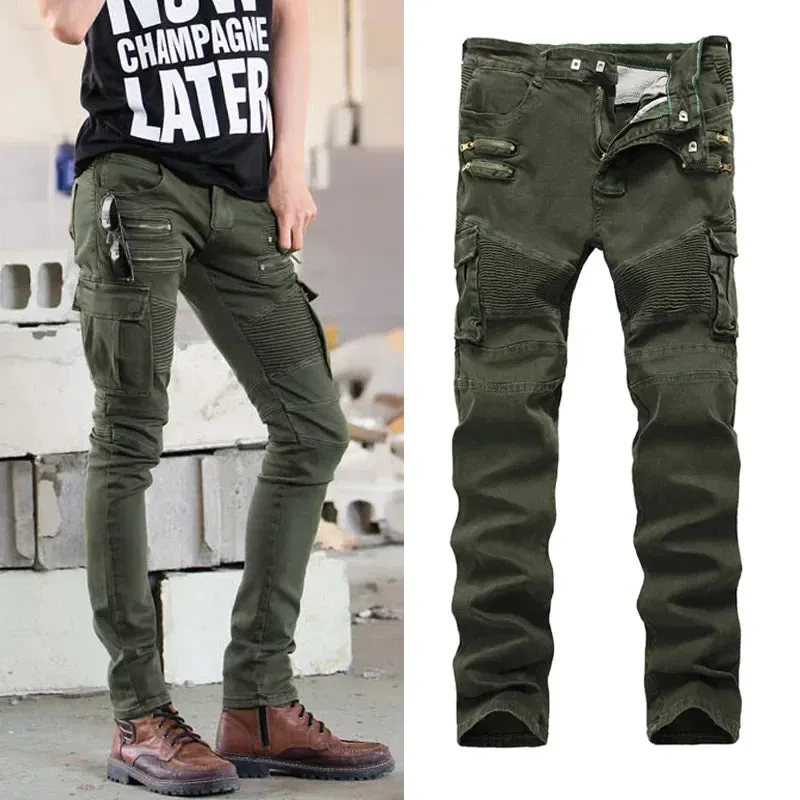 Wiaofellas  -  Hipster Men's Pleated Stretch Small Feet Casual Pants High Street Multi-pocket Zipper Men's Slim-fit Cargo Pants