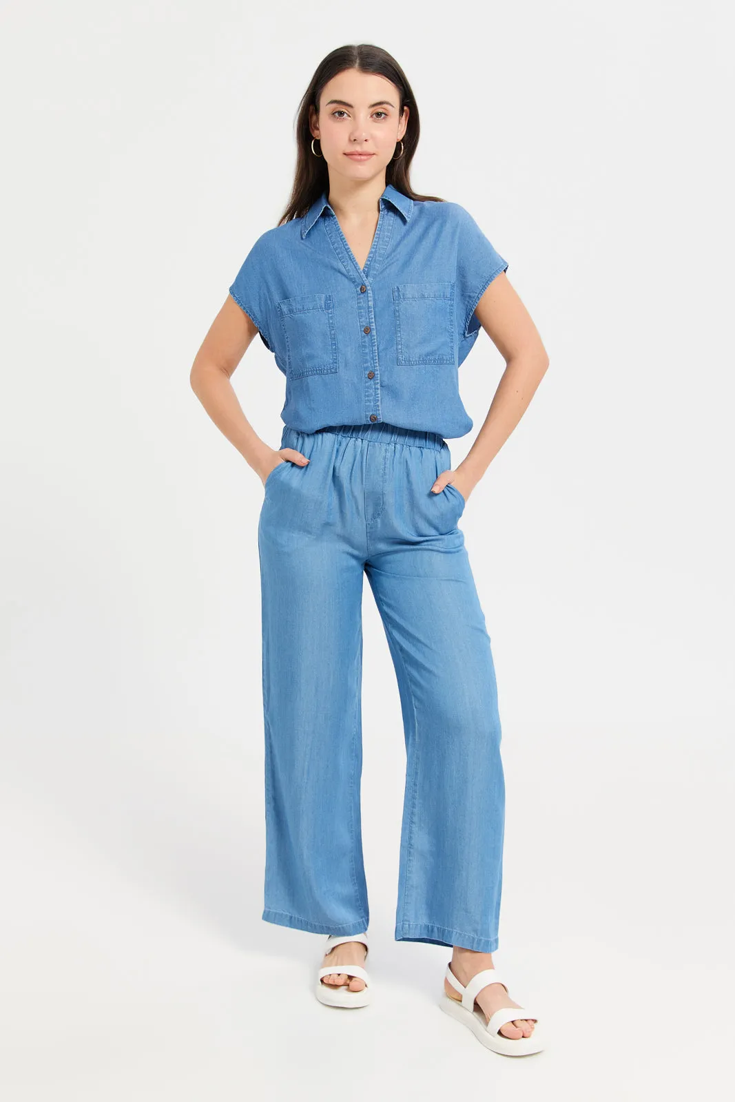 Women Blue Straight Leg Tencel Trouser