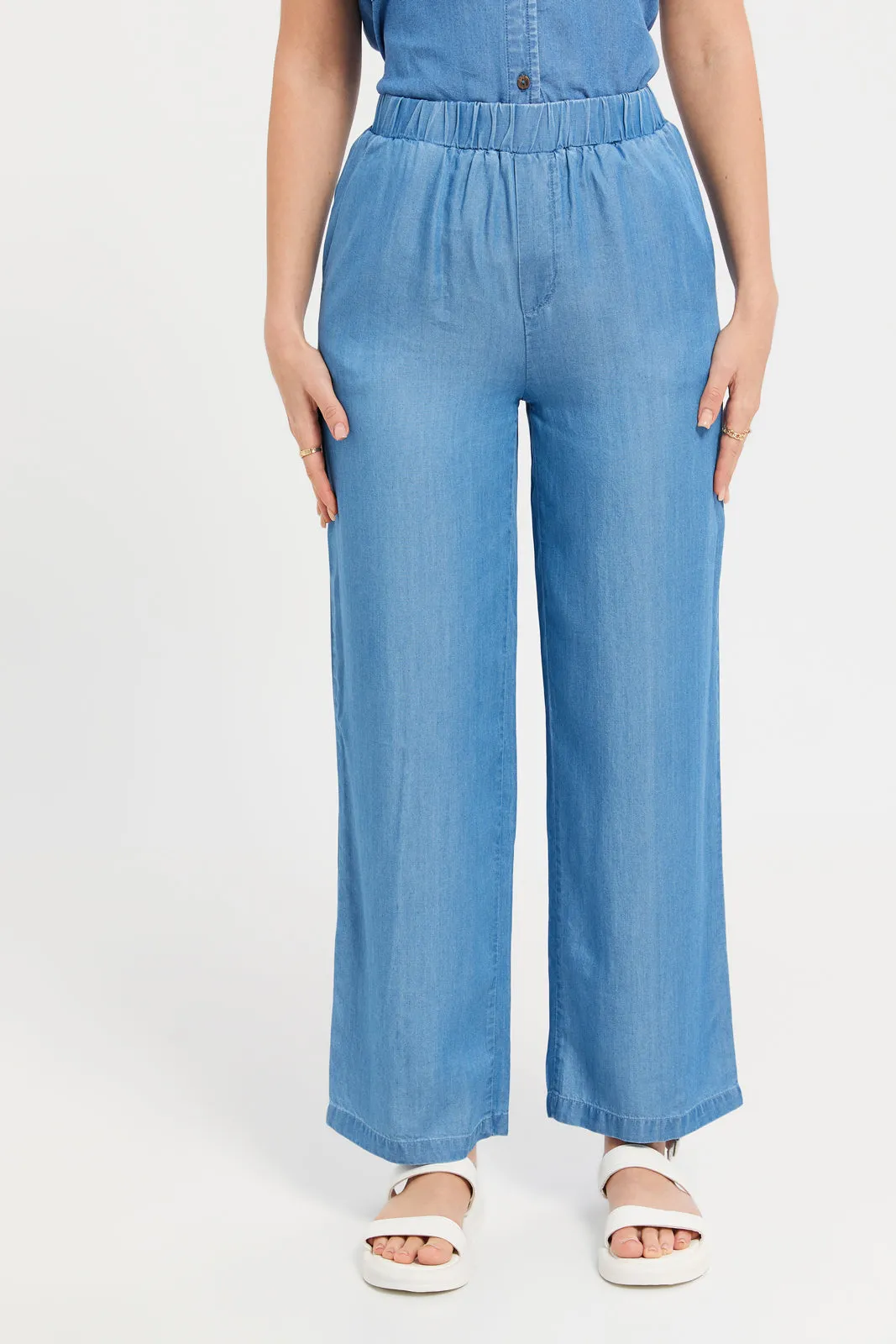 Women Blue Straight Leg Tencel Trouser