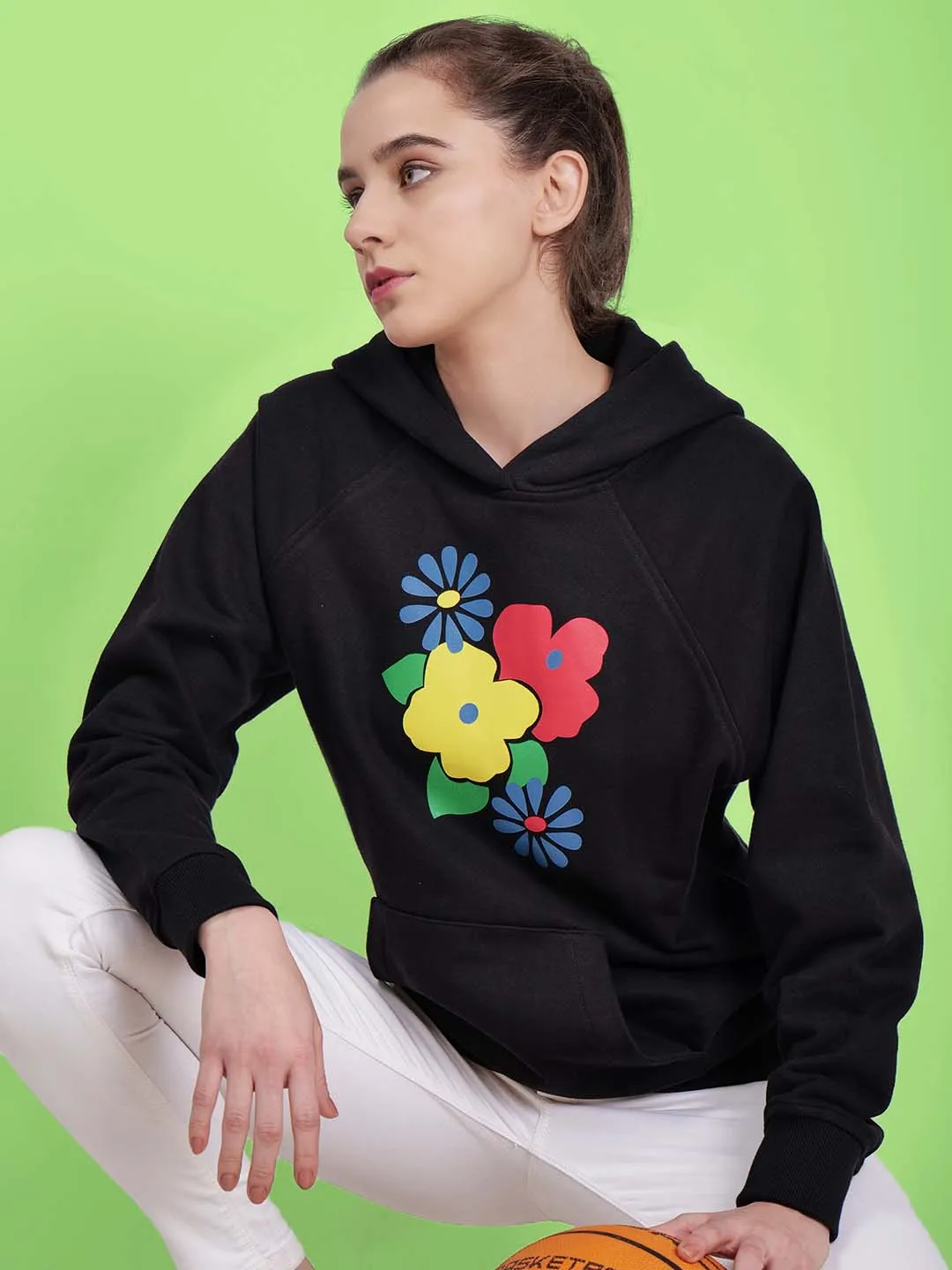 Women Floral Printed Cotton Black Hoodie