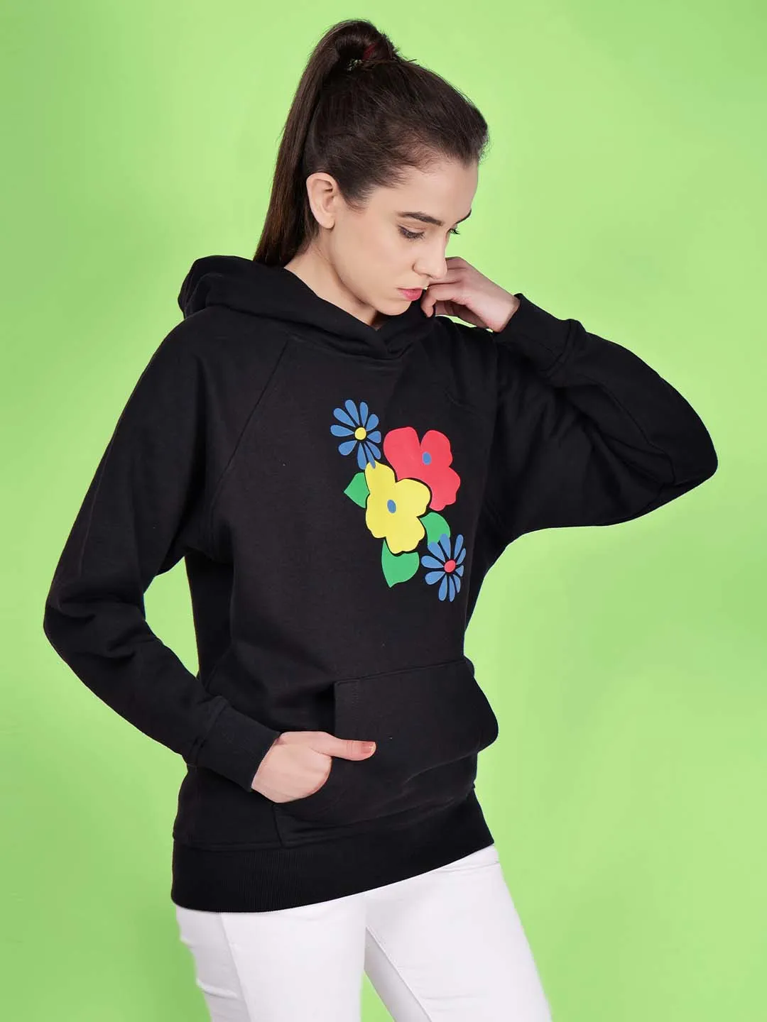 Women Floral Printed Cotton Black Hoodie