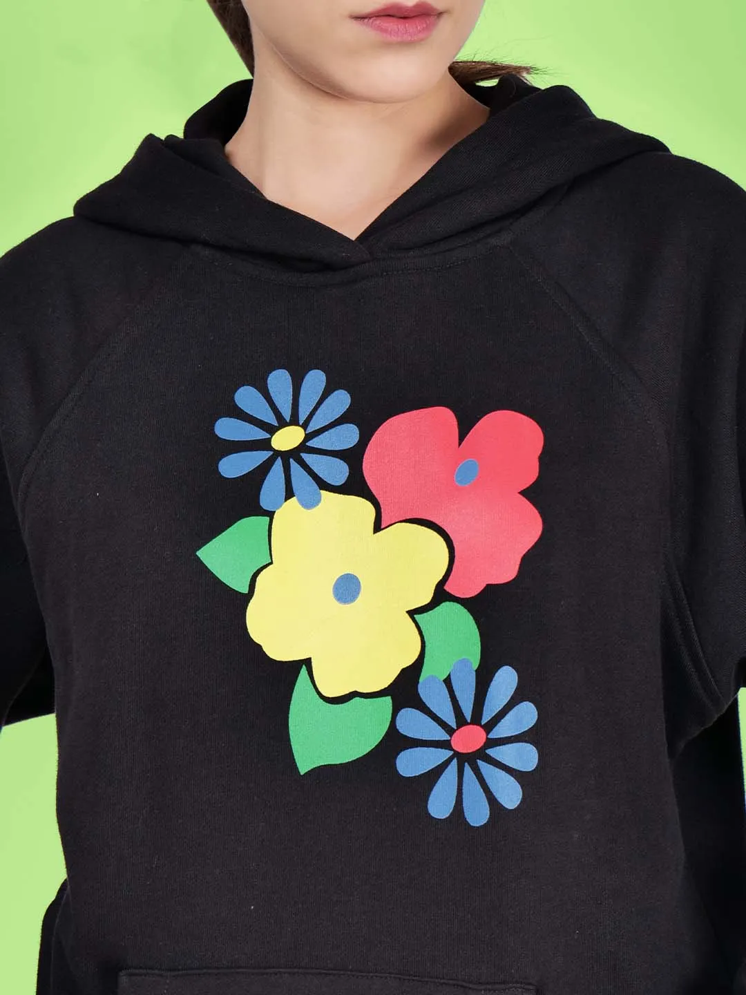 Women Floral Printed Cotton Black Hoodie