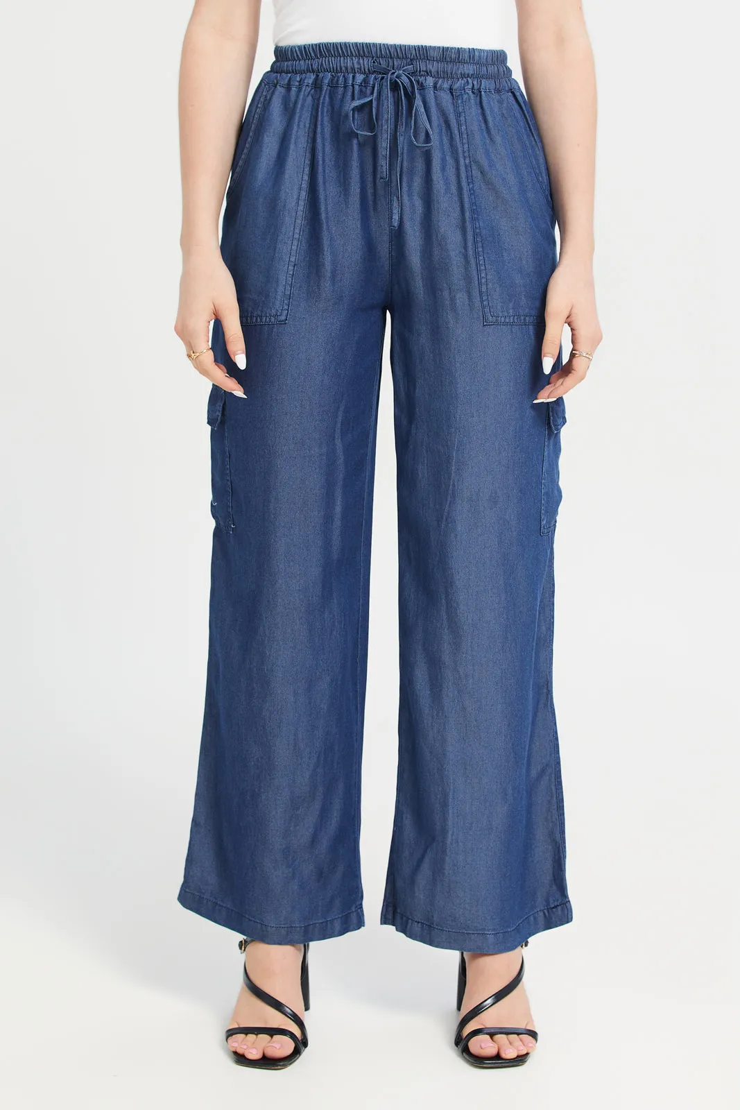 Women Navy Tencel Utility Straight Fit Trouser