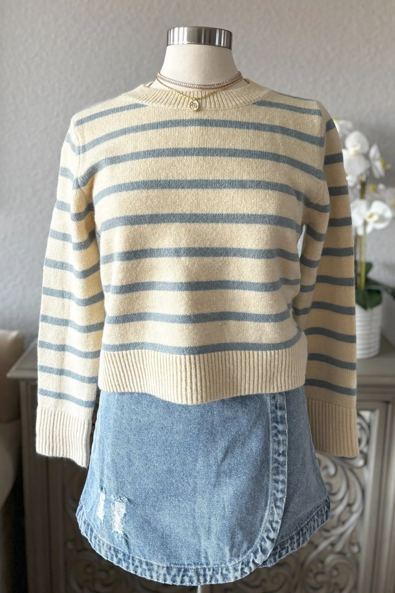 Women's Coquette Baby Blue Striped Knit Sweater Top | Cream