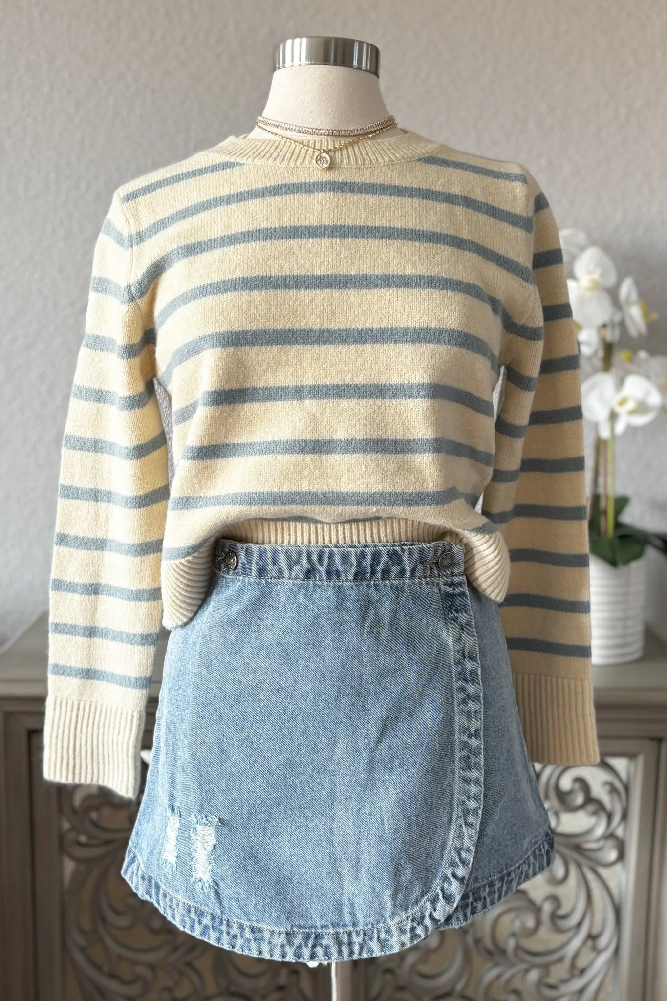 Women's Coquette Baby Blue Striped Knit Sweater Top | Cream