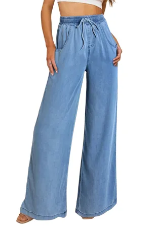 Women's Drawstring Waist Wide Leg Tencel Denim Pants