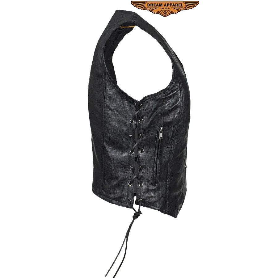 Women's Leather Motorcycle Vest With Concealed Carry Pockets & Side Laces