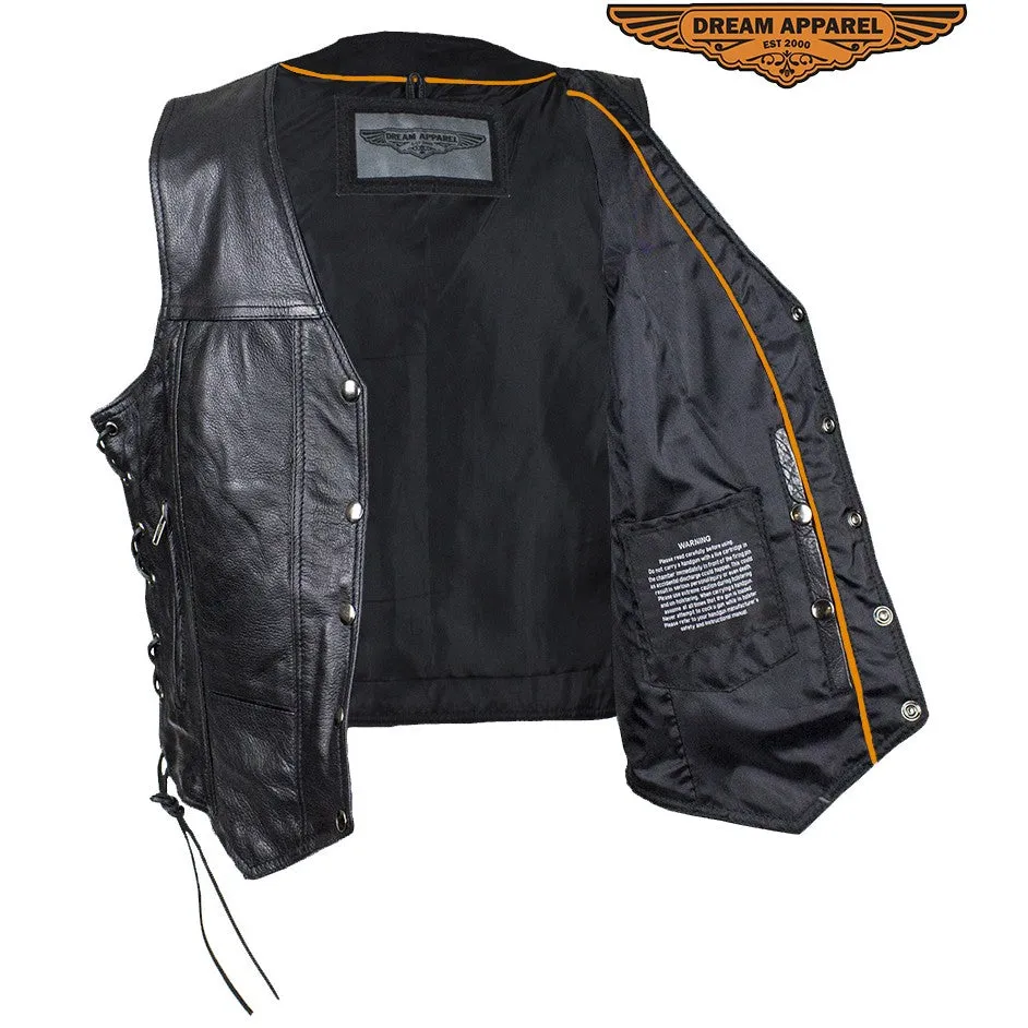 Women's Leather Motorcycle Vest With Concealed Carry Pockets & Side Laces