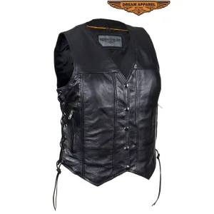 Women's Leather Motorcycle Vest With Concealed Carry Pockets & Side Laces